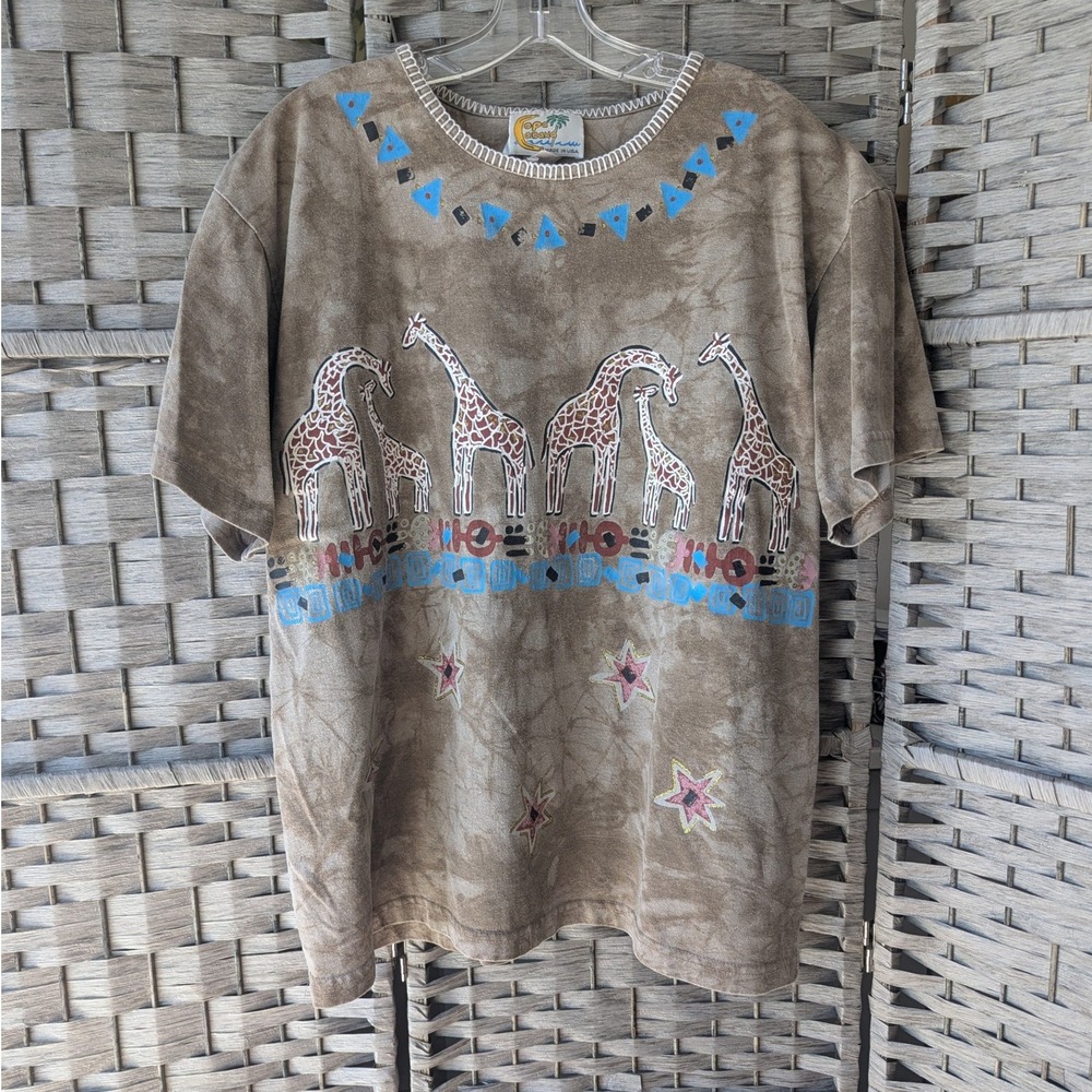 Vtg 90s Copa Cabana 2 Pc Set Brown Tie‎ Dye Giraffe Graphic Womens L Resortwear